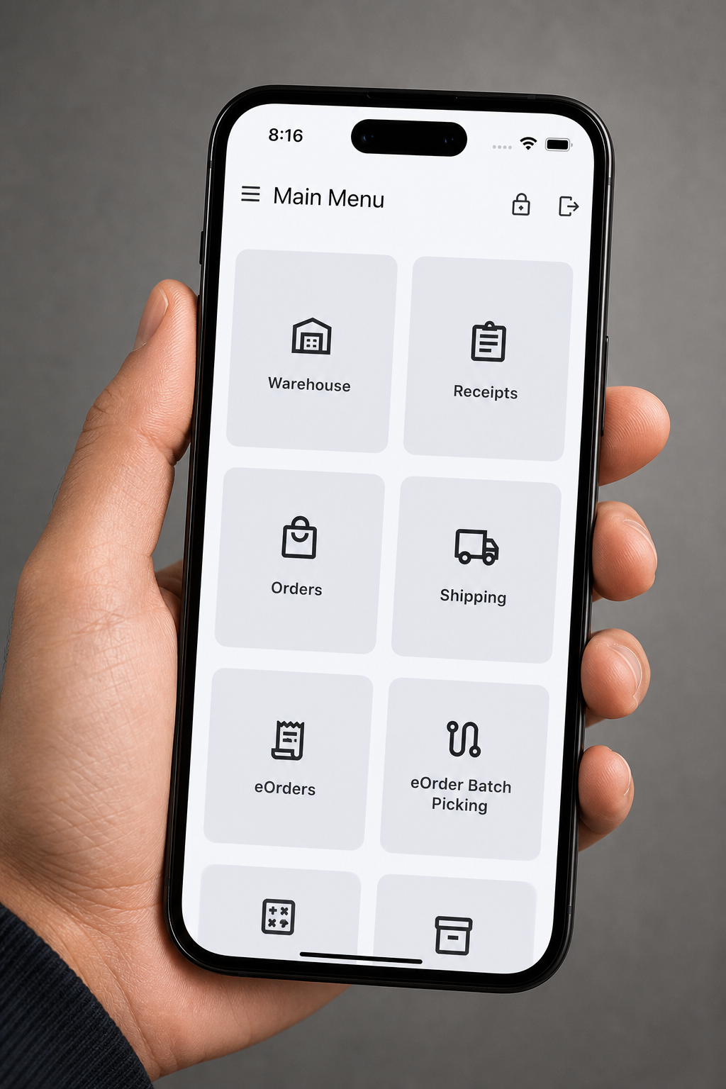 Easy3PL handheld main menu shown on a phone held in hand