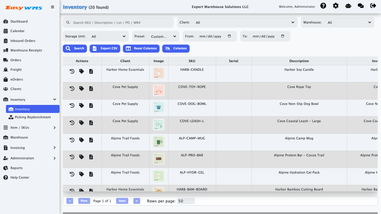 Inventory overview screen in the Easy3PL demo app