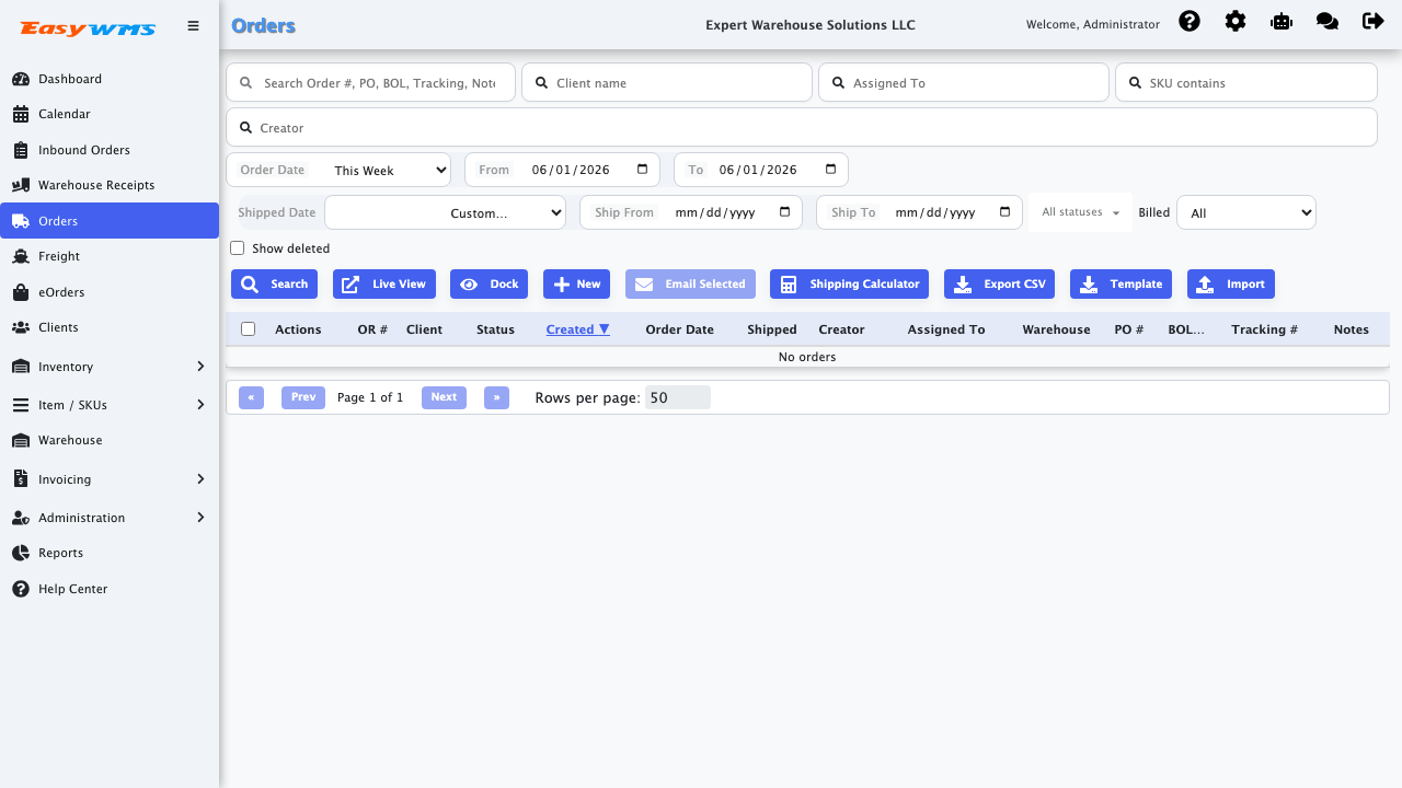 Order management workspace in the Easy3PL demo app