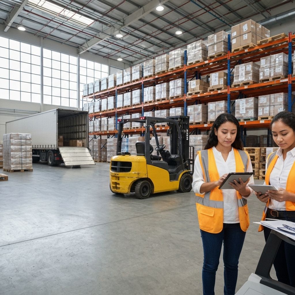 Modern warehouse operations with workers using smart devices and tablets